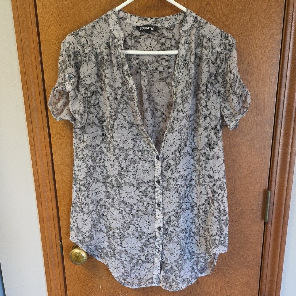 Express Sheer Floral Button Up Top